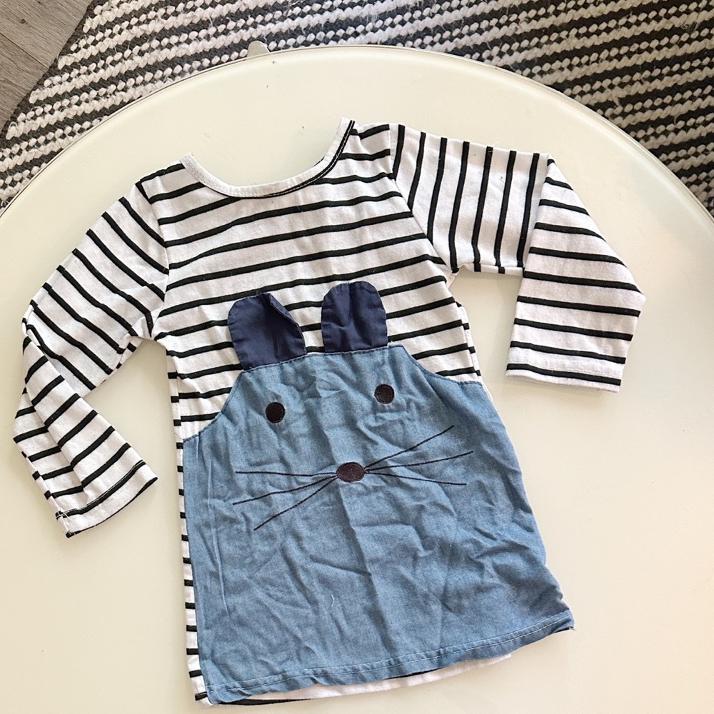 Minimalist Animal Black White Faux Denim 3D Mouse Ears Striped Kids Casual Dress